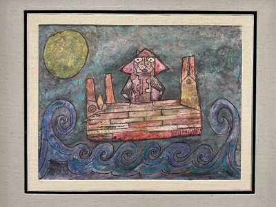 Lot 5227 - Ann Thetis Blacker (1927-2006), 1960s mixed media on paper - Figure in a Boat, indistinctly signed, dated '66, 29cm x 38cm, framed