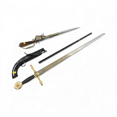 Lot 840 - Masonic robe type sword, leather covered baton, replica German sword and a pistol.