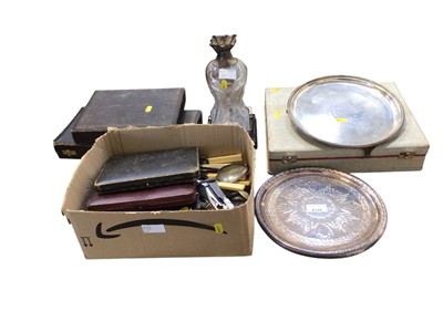 Lot 5135 - Quantity of assorted silver plated cutlery, two salvers and a Victorian silver mounted decanter.