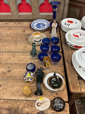 Lot 25 - Wedgwood glass duck, glass paperweights, decorative ceramics and glasses.