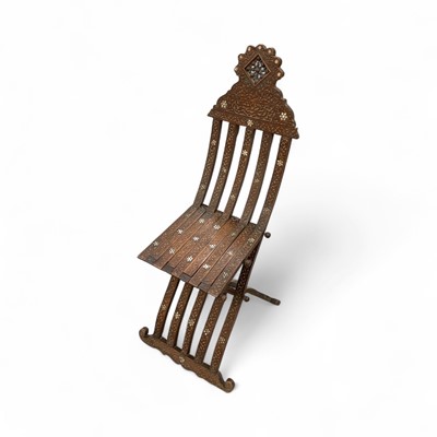 Lot 5318 - Antique Damascus carved and mother of pearl inlaid folding chair, 100cm high