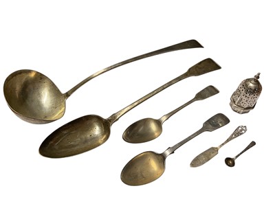 Lot 173 - George III silver Old English pattern soup ladle, (London 1802), George III fiddle pattern basting spoon, (London 1818), two silver dessert spoons and other silver, (various dates and makers).