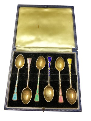 Lot 169 - Set of six contemporary silver teaspoons with guilloché enamel decoration, (Birmingham 1967), maker Turner & Simpson, in a fitted case, all at approximately 3ozs.