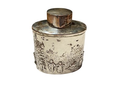 Lot 170 - George V silver tea caddy of oval form, with embossed figural decoration, (Birmingham 1920), makers mark rubbed, all at 3.5ozs.