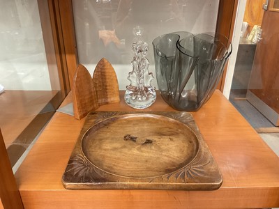Lot 5171 - Vintage 1970s plexiglass vase, believed to be be Luigi Massoni for Guzzini, together with a pair of Hans Huggler carved wood bookends, a French art glass lamp base, faintly signed, possibly Char...