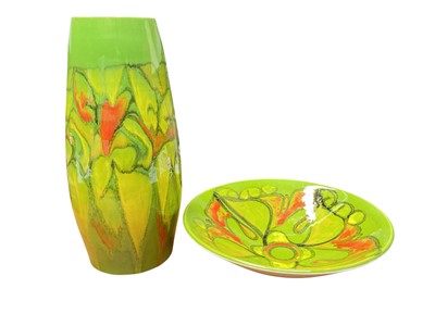 Lot 2212 - Poole Delphis green glazed vase, 31cm high They seem, together with a bowl, 27cm diameter (2)