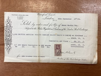 Lot 1215 - British American Tobacco Shares, London 30th September 1924. A Brown Bliss & Co stock share certificate of £5418.15, for 1,000 British American Tobacco Company Bearer Shares. Bearing Edward...