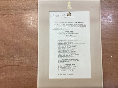 Lot 1209 - King Edward VII, 1902-10, a signed Buckingham Palace document “King Edward VII’s Hospital For Officers”, with Buckingham Palace gilt embossed arms, the gilt cypher of King Edward to the mount, t...