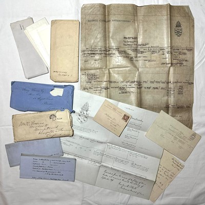 Lot 1229 - Maydwell of Fotheringay (or Fotheringhay), Northamptonshire, a Victorian silk family tree inscribed in ink with family crest, signed H. Parsons 1846, together with other correspondence to H. Par...