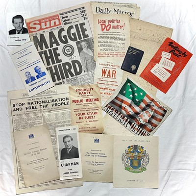 Lot 1225 - Political Party ephemera, including campaign and election booklets, “The Conservative And Unionist Pocket Book, 1953”, Voting by Post leaflet, Socialist Party and Labour public meeting leaflets...