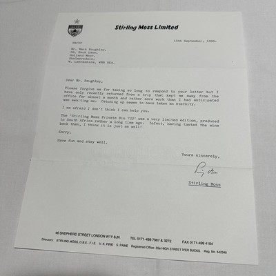 Lot 1233 - Stirling Moss, autographed and headed letter, the letter signed in ink lower right