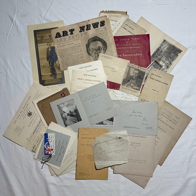 Lot 1226 - Piero Sansalvadore, Italian Artist, 1892-1955. An archive of gallery exhibition booklets, invitation cards, clippings, receipts, two cards signed by Piero Sansalvadore, a graphite sketch and oth...