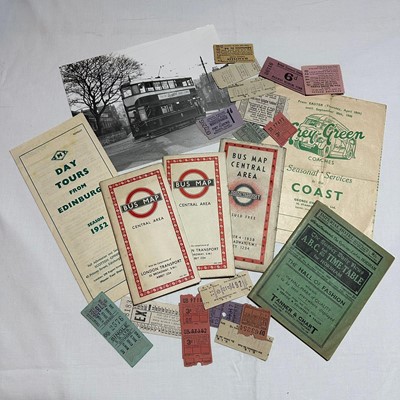 Lot 1236 - Bus and Tram related ephemera, including Day Tours from Edinburgh Season 1952, London Transport folding Bus Maps, 1938, 1949, 1950, Horsham ABC Rail and Bus Timetable March 1939, tickets and oth...
