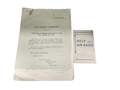 Lot 745 - War Damage Commission, Notification of Damage under Part I of the War Damage Act 1943, the application for war damage compensation for a semi-detached private dwelling in Middlesex, London, with...