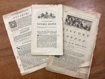 Lot 1219 - Mixed ephemera including pages from an 18th century copy of “The History of London”, photographs, engravings, books and other ephemera. (1 box)