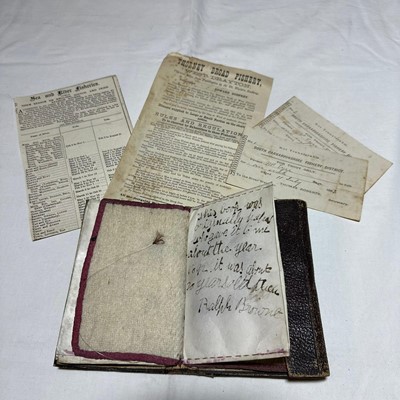 Lot 1235 - Late Victorian leather fishing fly pouch with some contents including flies - one page inscribed and dated 1892, South Carnarvonshire Fishery District Trout fishing permits, Thorny Road Fishery...