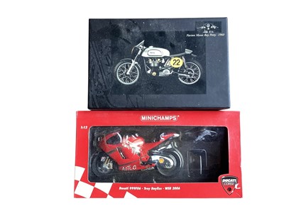 Lot 1922 - Minichamps 1:12 scale Motorcycles Ducati 999F06- Troy Bayliss & Norton Manx - Ray Petty, with box (Previously Displayed contents maybe incomplete) (2)