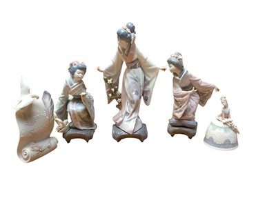 Lot 2217 - Three Lladro porcelain Geisha girls, together with a Lladro Society plaque and a bell (5)