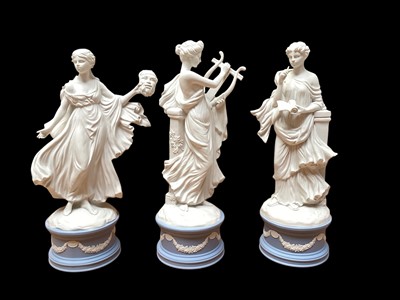 Lot 2223 - Three Wedgwood limited edition Jasper Ware figures from the Classical Muses Collection - Melpomene, Erato and Calliope