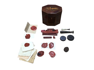 Lot 2974 - Georgian mahogany tea caddy containing seals and related items