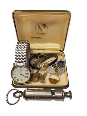 Lot 257 - Rotary stainless steel wristwatch, one other ladies watch, broken 9ct gold signet ring, various cufflinks and two vintage whistles