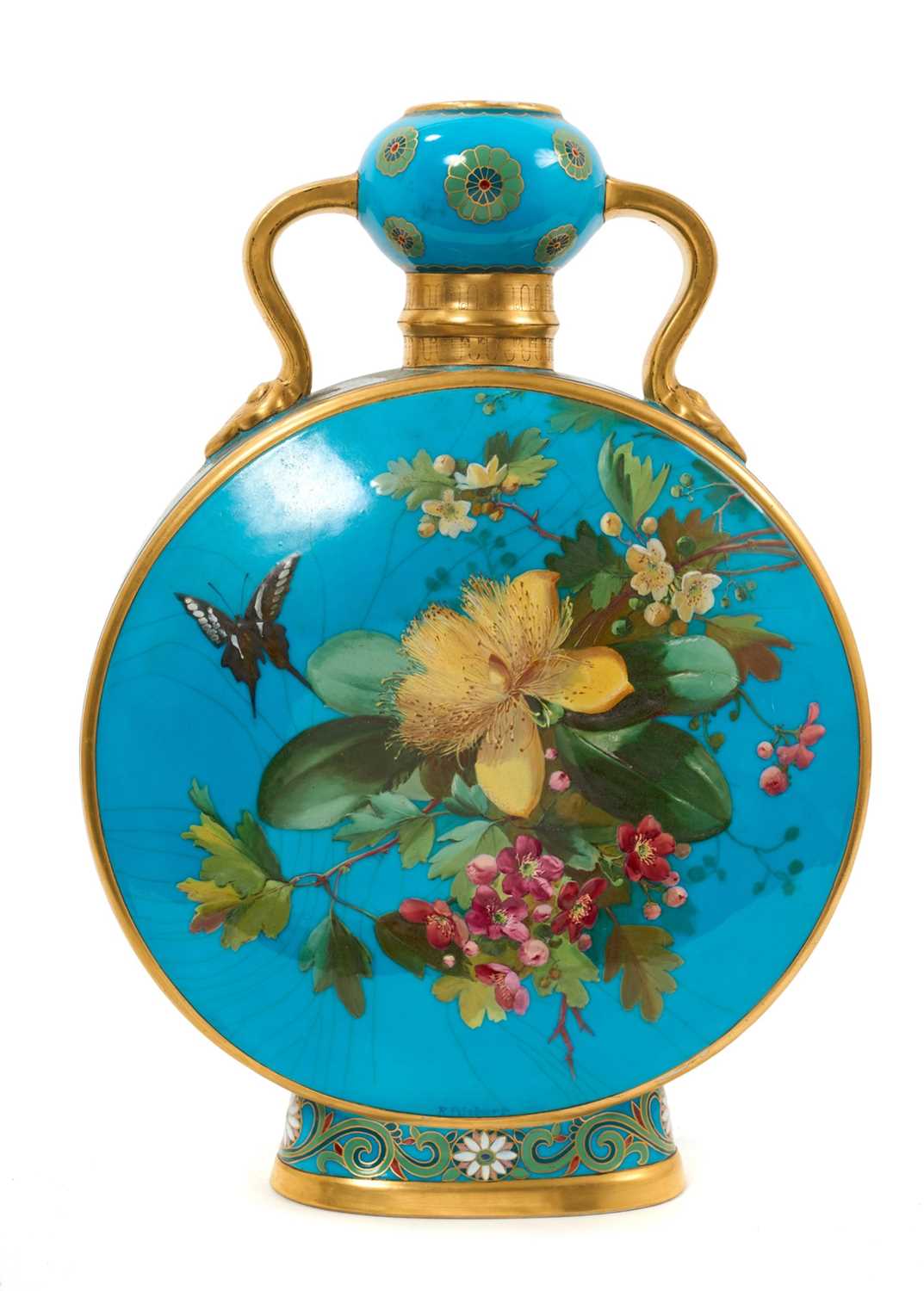 Lot 19 - Victorian Minton Aesthetic movement moon flask with hand painted floral decoration.