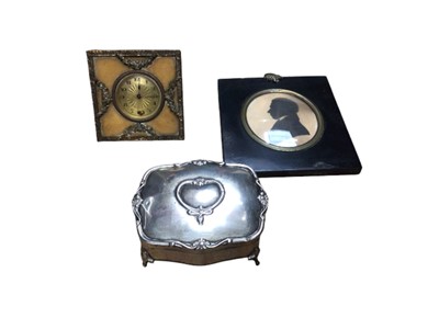 Lot 2972 - Silver trinket box, silhouette and desk clock, (3).