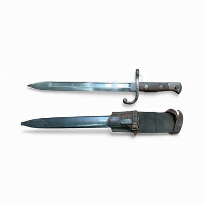 Lot 835 - Belgian 1889 pattern (short) bayonet in scabbard with leather frog.