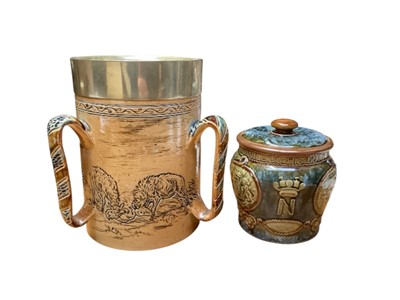 Lot 2245 - Victorian Doulton Lambeth tyg by Hannah Barlow, together with a Royal Doulton Nelson jar and cover (2)