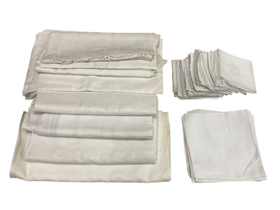 Lot 2548 - Six large vintage white cotton damask tablecloths plus six napkins and twelve matching fine linen embroidered napkins