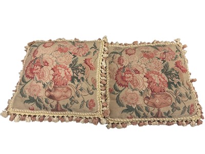 Lot 2549 - Two large floral needle-point cushions with tassel edging, two smaller embroidered cushions, small crewel work panel Tree of Life. A piece of embroidered handwoven linen, using various stitches...