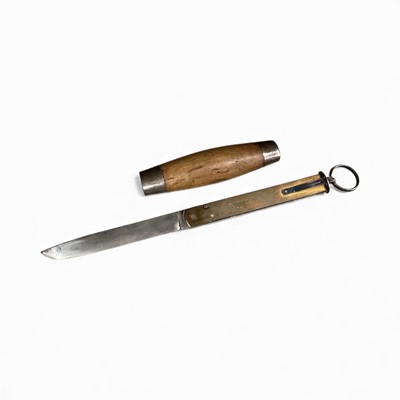 Lot 847 - Late 19th century Swedish Barrel knife, with birch wood grip and steel end caps, removable hinged blade unsigned, brass case stamped P.HOLMBERG ESKILSTUNA SWEDEN, and fitted with suspe...