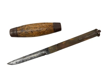 Lot 845 - Late 19th century Swedish Barrel knife, with curly birch wood grip and steel end caps, removable hinged blade unsigned, brass case stamped SEGERSTROM ESKILSTUNA SWEDEN on one side, no...