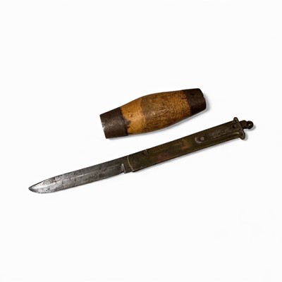 Lot 846 - Late 19th century Swedish Barrel knife, with curly birch wood grip and steel end caps, removable hinged blade unsigned, brass case stamped SEGERSTROM ESKILSTUNA SWEDEN on one side, no...