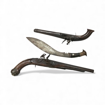 Lot 864 - Two antique Ottoman flintlock pistols and an old Kukri dagger