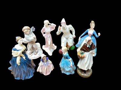 Lot 2257 - Six Royal Doulton figures including The Joker HN2252 and Country Lass HN1991, together with two Coalport figures (8)