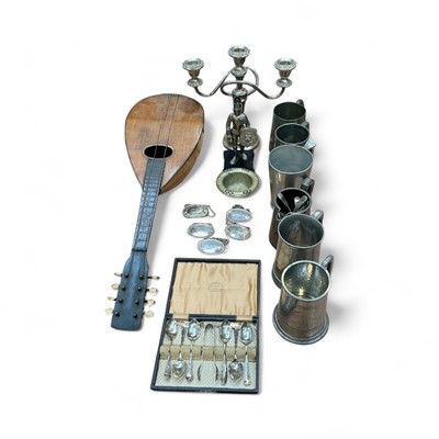 Lot 5001 - Vintage mandolin together with silver plated decanter labels, pewter tankards and sundries.