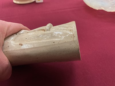 Lot 13 - Three salt glazed reform flasks including Mr and Mrs Caudle flask by Doulton and Watts, Greys Reform stoneware cordial bottle in the form of a politician holding The People's Rights Document, by...