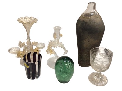 Lot 2272 - Collection of antique and later glass to include a green dump weight , Murano blown glass épergne etc