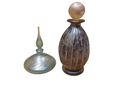 Lot 2269 - Okra iridescent glass scent bottle, 10cm high, together with an Isle Of Wight scent bottle, possibly by Timothy Harris, 14.5cm high (2)