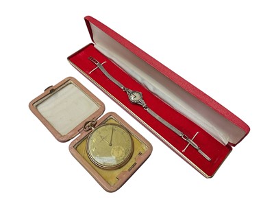 Lot 261 - 1930s silver and diamond set cocktail watch on a later added 9ct white gold mesh bracelet, together with a 1930s gold plated pocket watch