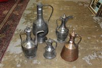 Lot 3783 - Six antique Turkish copper olive oil...