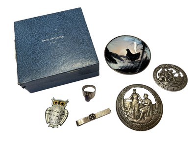 Lot 54 - David Andersen Norwegian silver and enamel owl brooch, Norwegian silver and enamel pin dish with bird and woodland decoration, two Norwegian silver Viking brooches and a Danish silver tie clip,...