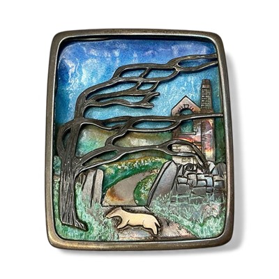 Lot 57 - Anthony Panton Hawksley (1921-1991), contemporary silver and enamel plaque, with pierced silver decoration depicting a badger by a tree and house on enamel ground with an easel back, (London 19...