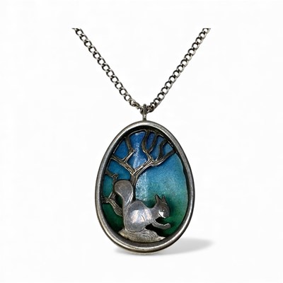 Lot 59 - Anthony Panton Hawksley (1921-1991), contemporary silver and enamel oval pendant, with pierced silver decoration depicting a squirrel by a tree on enamel ground, (London 1981), 4.3cm x 2.7cm, o...