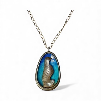 Lot 60 - Anthony Panton Hawksley (1921-1991), contemporary silver and enamel oval pendant, with pierced silver decoration depicting an eagle on enamel ground, (London 1983), 4.4cm x 2.4cm, on chain