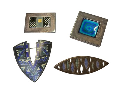 Lot 63 - Four silver and enamel brooches to include a 1960s square brooch with blue and green enamelled centre (London 1966), one other 1960s navette shaped brooch with pierced decoration (Birmingham 196...