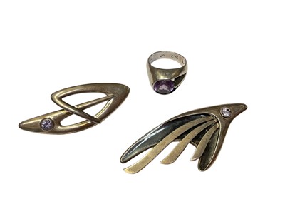 Lot 73 - Two Mexican sterling silver Sigi Tasco Modernist gem set brooches, no. 59 and 218, together with a Mexican silver gem set dress ring