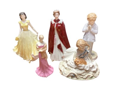 Lot 2313 - Five Royal Worcester figures including The Queen's 80th Birthday and Safe at Last