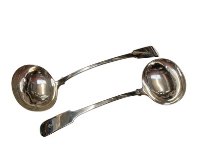 Lot 177 - George III silver fiddle pattern soup ladle with engraved armorial, (London 1824), together with another similar, (Birmingham 1831), all at 16.5ozs, (2).